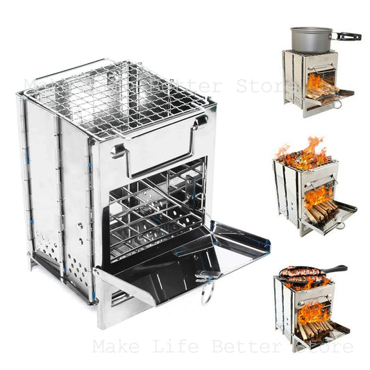Wood Stove Portable Foldable Stainless Steel Camping Stove with Mini Charcoal Grill Lightweight Barbecue Grill